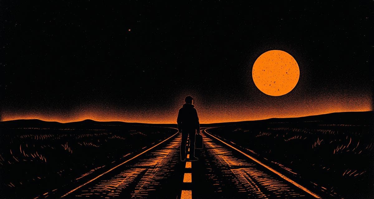 Vintage woodcut engraving of a lone figure gazing back at a long winding road disappearing into a dark landscape, halftone texture, violet accents