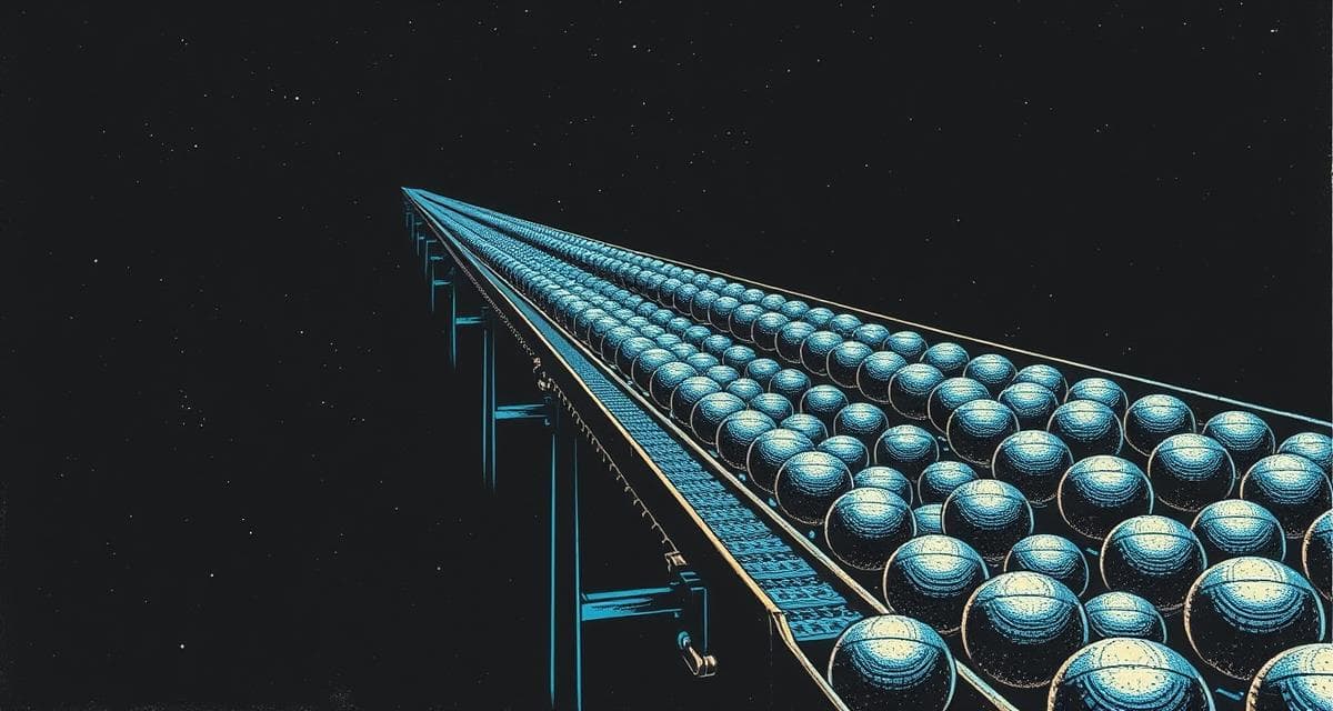 Vintage woodcut engraving of a conveyor belt carrying rows of identical objects splitting into separate tracks, dark near-black background, violet accents