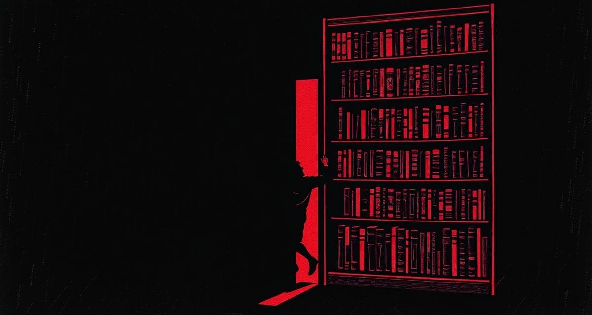 Vintage woodcut engraving of a figure discovering a hidden doorway behind a towering bookshelf, illuminated by a violet glow, grainy halftone texture