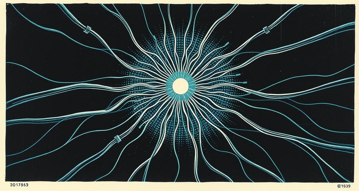 Vintage woodcut engraving of cables converging into a glowing central hub, dark near-black background, violet and purple halftone accents