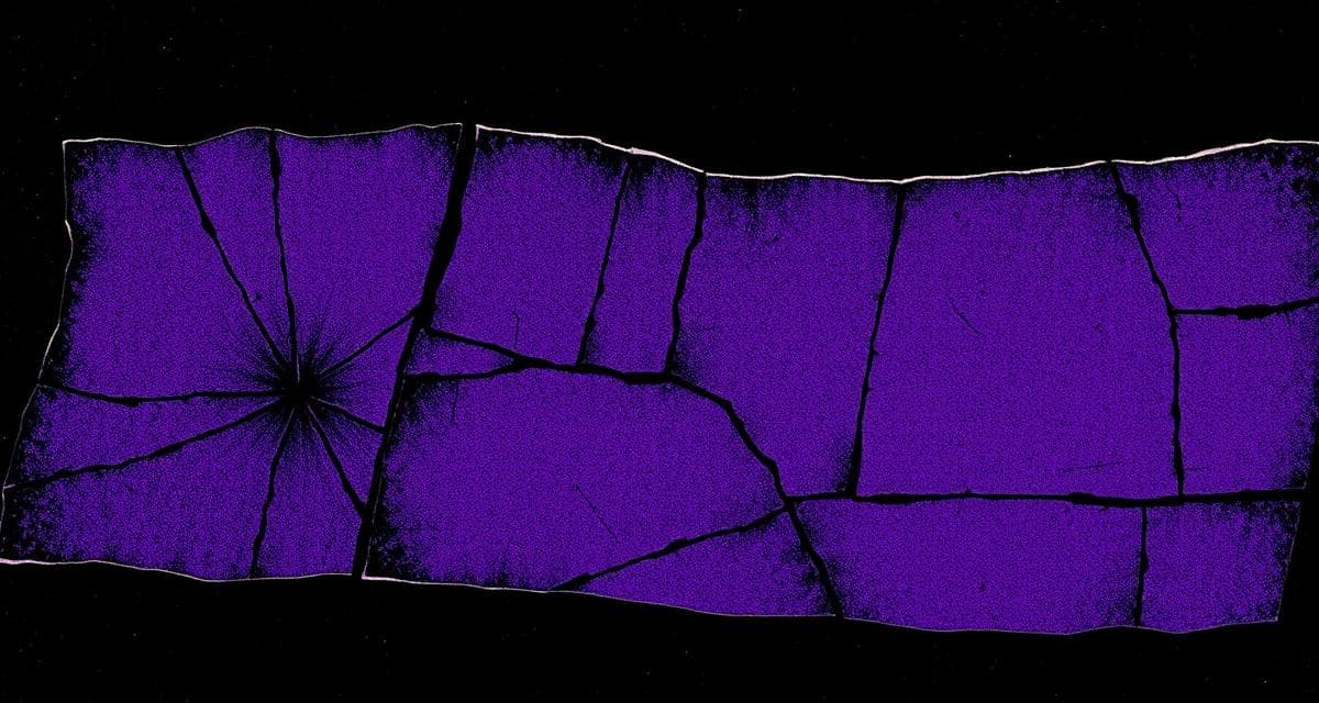 Vintage woodcut engraving of scissors cutting tangled strings with coins scattered below, dark near-black background, violet and purple halftone accents